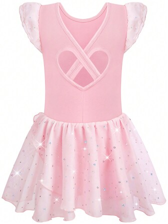 Maillot de ballet con mangas de volantes brillante para niñas, maillot de danza con espalda calada en forma de corazón para niña pequeña, vestido de danza brillante para niña preadolescente