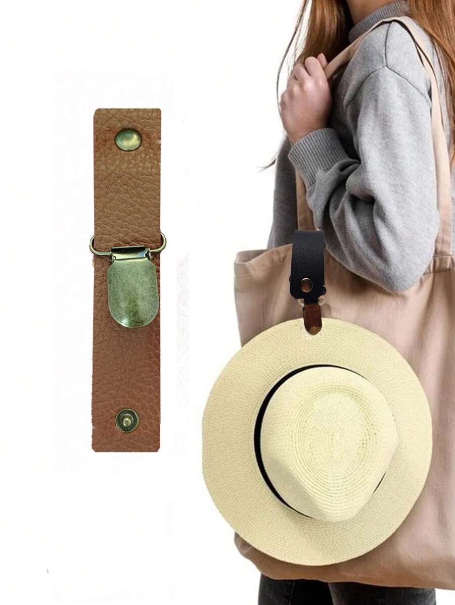 旅行行李箱用帽子夾，彈性夾，輕便攜帶的多功能棒球帽夾，適用於旅行帽，女士遮陽帽，沙灘帽夾（夾在）旅行用包和行李箱上，訪問旅行配件的禮物，白領、教師，青少年，在情人節時時尚時髦，為大學生和新手白領工作者增添裝飾、禮品及包掛勾 - 棕色 - 查看 1