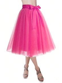 1pc Women Mid-Calf Length Tutu Mesh Skirt, Available In Many Colors, Princess Style, Layered, Elastic Waist, For Wedding, Party, Performance, Cosplay - Multicolor - View 3