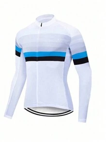 1pc Boyfriend Style Men's White Color-Blocked Cycling Jersey Long Sleeve Top Gym Clothes Boyfriend Style Men - Blue and White - View 1