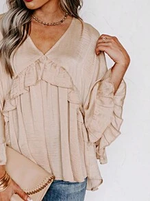 Boho Retro Vintage  90's Khaki Beige Apricot Ruffle V Neck Half Sleeve Loose Top Shirt Blouse - Apricot - View 2