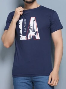 Men's Short Sleeve T-Shirt With Beach Print 100% Cotton, 30.1 Thread Count, High Quality - 藏蓝色 - 查看 1