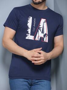 Men's Short Sleeve T-Shirt With Beach Print 100% Cotton, 30.1 Thread Count, High Quality - 藏蓝色 - 查看 2