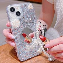 Funda protectora para teléfono con espejo / mariposa / flor decorada con rhinestones, cuerda de lazo y pompón compatible con Samsung // Redmi // iPhone, estilo Y2K con brillo - multicolor - Ver 2