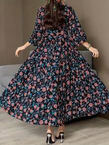 女士波西米亚风花卉印花刺绣阿拉伯连衣裙，艺术复古度假正装，优雅春季黑色 - 黑色 - 查看 2