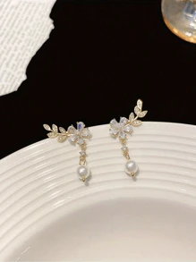 1 对金色/银色水钻麦穗花耳环，仿珍珠耳环，水钻镶嵌麦穗耳环，婚礼新娘珠宝流苏耳环，适合婚礼节日生日派对约会珠宝礼物情人节 - 金色 - 查看 4