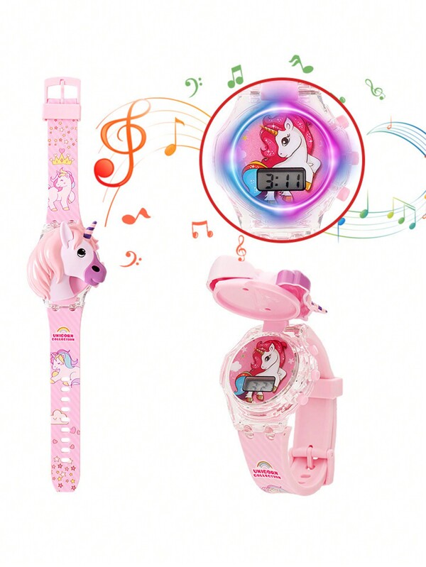 1pc/Set New Fashionable Macaroon Color Children Silicone Strap Unicorn Glow Watch, Suitable As Birthday, Halloween Or Gift