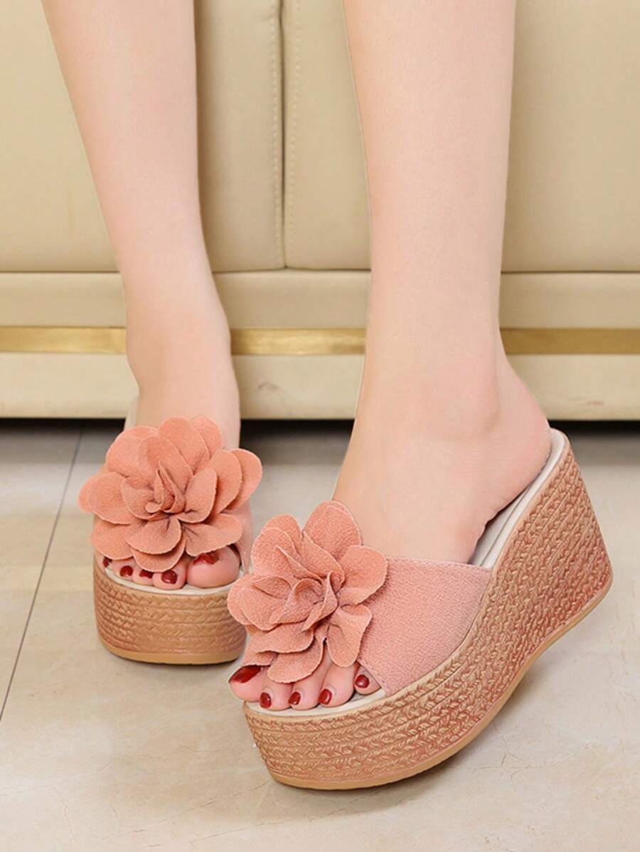 Women Platform Floral Wedge Sandals, Waterproof Thick Bottom Slip On Mules Suitable For Party, Vacation,Lightweight, Backless Open Toe Big Size 35-43, Versatile Princess Beach Dress Sandals - Baby Pink - View 1