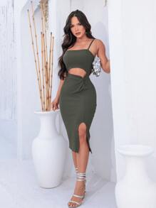 ELEGANT MIDI STRAP DRESS WITH FRONT SLIT - xanh quân đội - Xem 3