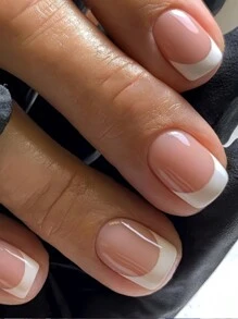 Schicke kurze ballet-förmige Aufkleb-Fingernägel in Pink mit weißen französischen Spitzen - glänzende Oberfläche, einfache Anwendung für Hände & Füße, Aufkleb-Zehennägel für Frauen, kurze Ballerina Nägel