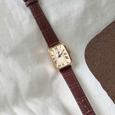 1 Đồng hồ thạch anh mặt vuông số La Mã dành cho thanh thiếu niên/học sinh, dây da, thích hợp làm quà tặng sinh nhật, kỷ niệm, Halloween, khuyến mãi cuối năm