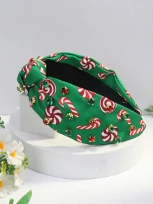 1 pieza Diadema con adorno de strass y estampado navideño de poliéster para mujer, accesorios navideños