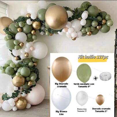 Halloween+Christmas Kit 127 Plain Eucalyptus Green Balloons 9" + White 7" + Gold Chrome 5" + Big Gold + Big White Metallic For Party