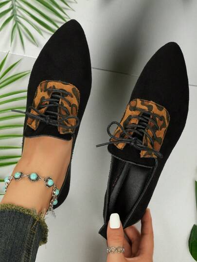 New Ladies Black Leopard Print Flat Casual Pointed Toe Shoes, Spring Autumn