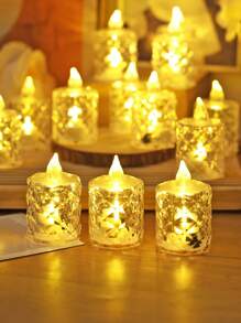 3/12/24 piezas Luces de vela electrónica de cristal acrílico de patrón mediano, a pilas, luces de vela de té con proyección de patrón de rosa, luces de vela sin llama, adecuadas para boda, Día de San Valentín, Navidad, vacaciones, decoración del hogar, decoración de mesa de Navidad - luz amarilla - Ver 6