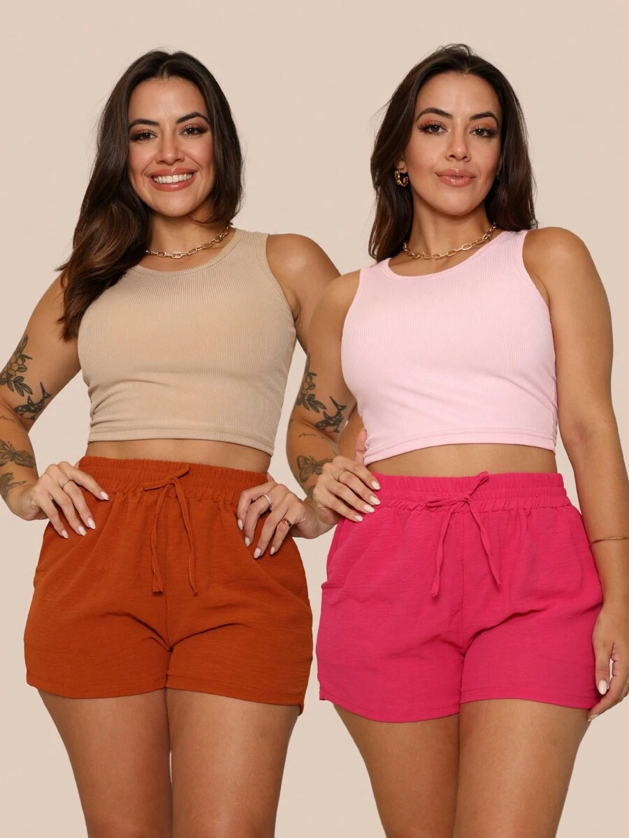 Kit 2 Women's Cropped Ribbed Blouse Simple Basic Casual - 粉紅色/米色 - 查看 1