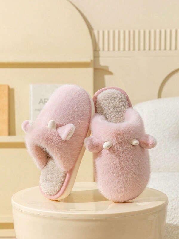 Women Cartoon Plush Winter Slippers, Soft Fluffy Flat Indoor Shoes, Comfortable Warm House Slides