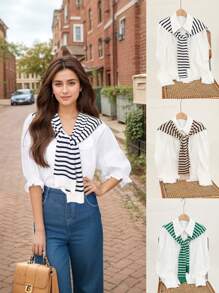 1pc Handmade Crochet Striped Women's Shawl Wrap Cardigan For Summer Air-Conditioning Protection, Spring Autumn Hollow Collar Cape Shawl, New Fashion Professional Commute Style - Striped Fake Collar - View 11