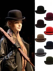 1 件秋冬男女通用宽边羊毛毡帽，英式爵士帽，纯色软呢帽，适合日常穿着和派对 - 彩色 - 查看 2