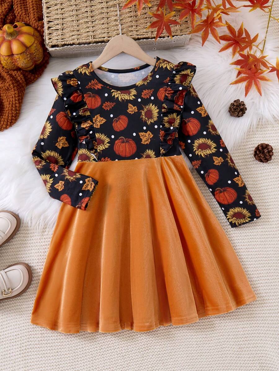 1 Pc Tween Girls Long Sleeve Patchwork Dress With Printed Top And Velvet Bottom, Autumn, Halloween