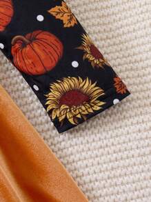 1 Pc Tween Girls Long Sleeve Patchwork Dress With Printed Top And Velvet Bottom, Autumn, Halloween