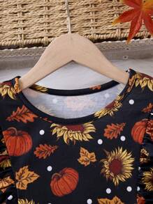 1 Pc Tween Girls Long Sleeve Patchwork Dress With Printed Top And Velvet Bottom, Autumn, Halloween