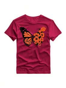 Butterfly Print T-Shirt Short Sleeve Round Neck Casual Top For Summer Spring Women Clothing - Màu Tím - Xem 2