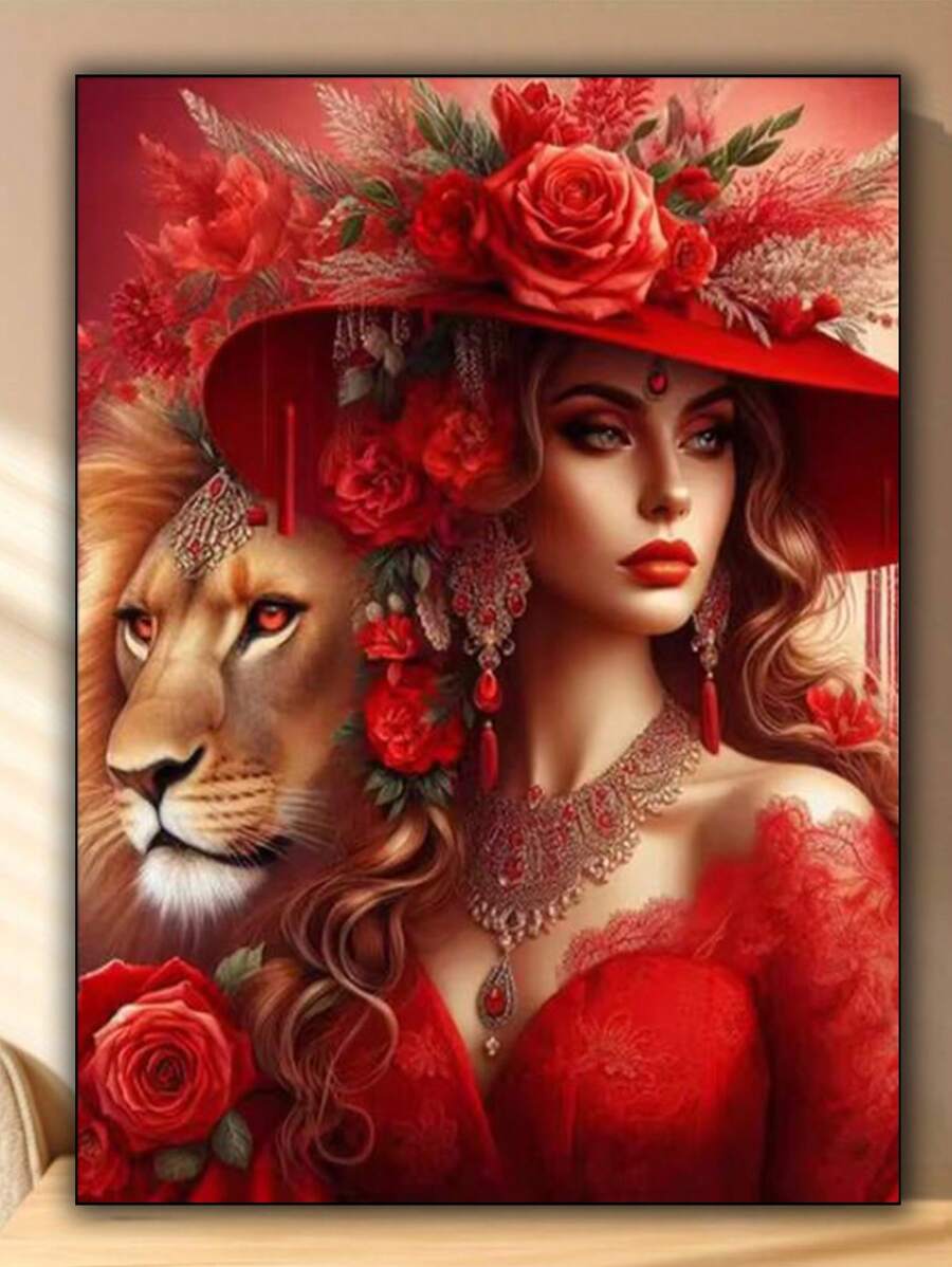 狮子和女人 DIY 钻石画 全新 2025 钻石马赛克套件 成人款，5D 钻石艺术套件带全圆形钻石马赛克家居装饰万圣节礼物 - 彩色 - 查看 1