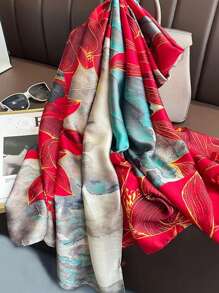 FADZOYLE 1 pieza Nuevo y elegante chal/envolvente para mujer de 180*90CM, diseño de plumas de pavo real verde suave, pañuelo de gasa para protección solar y viajes - rojo - Ver 3