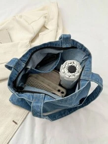 Light Wash Denim Effect Canvas Tote Bag, Multi-Pocket Commuting Handbag, Women's Large Capacity Tote Bag With Inner Pockets, Soft And Washable - Baby Blue - View 7