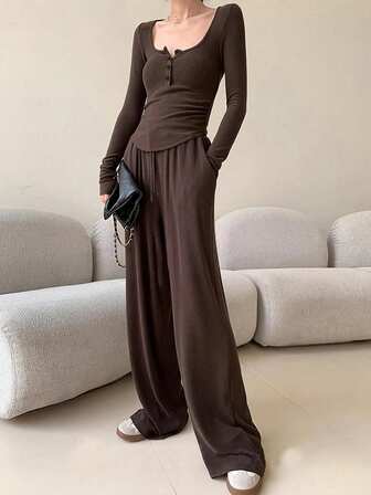 2pcs Casual Solid Color Lapel Long Sleeve Top And Wide Leg Pants Set, Spring Autumn