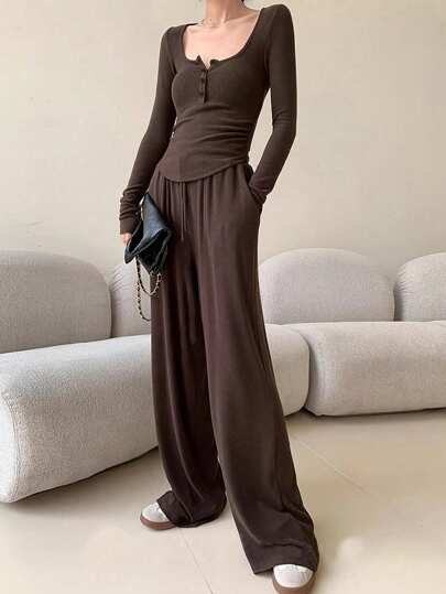 2 piezas Conjunto de parte superior de manga larga de unicolor informal con solapa y pantalones de pierna ancha, primavera otoño