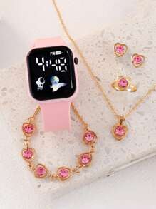1 Stück modische quadratische Zifferblatt Digitaluhr mit PVC Armband und 5 Stücke Schmuckset mit Strass