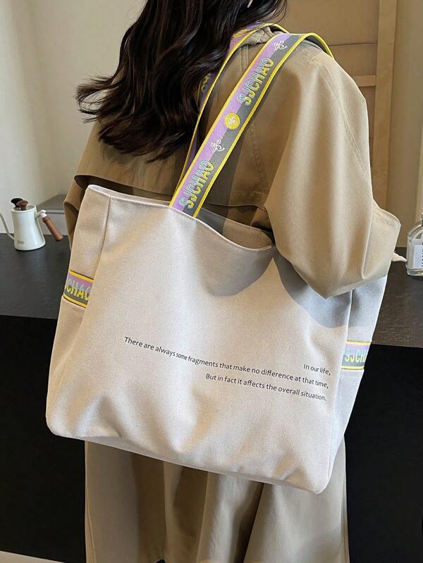 Large Capacity Letter Print Casual Canvas Tote Bag, Minimalist Design Shoulder & Armpit Bag