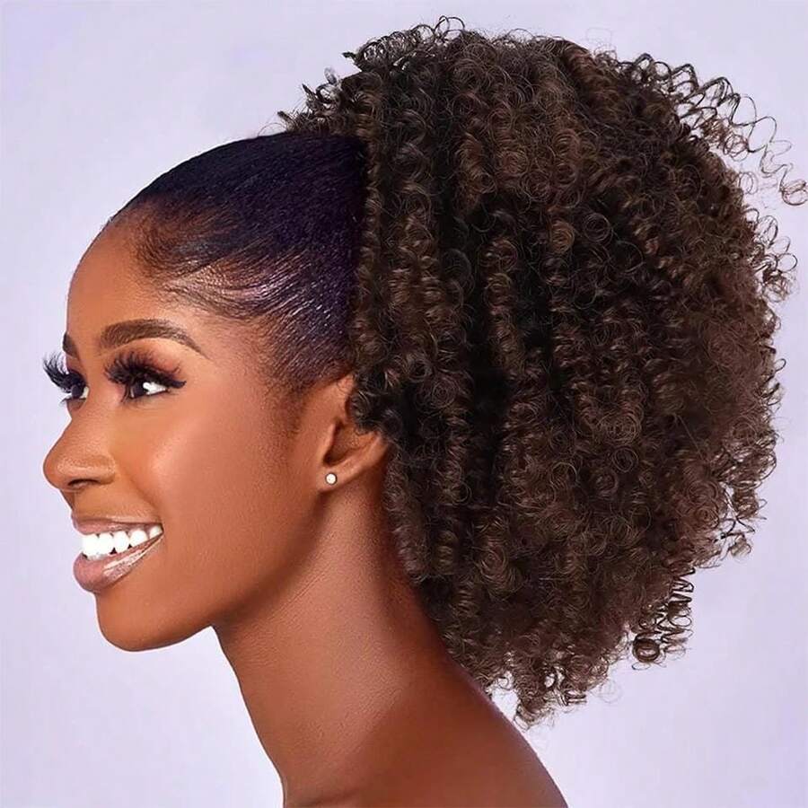 Afro Kinky Curly Drawstring Ponytail Synthetic Short Afro Puff Ponytail Hair Bun For Women - Màu nâu tối - Xem 1