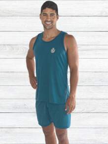 Summer Pajamas Mesh Tank Top T-Shirt Bermuda Shorts Adult Male - 綠色 - 查看 3