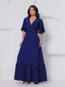 Vestido Longo Manga Curta Acinturado decote V Estampa Cereja