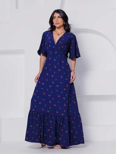 Vestido Longo Manga Curta Acinturado decote V Estampa Cereja