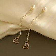 1pair Fashionable And Simple Heart Shaped Pearl Ear Thread Earrings Valentines,Mom,Mother,Mother's Day,Gift