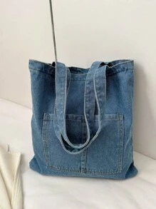 Light Wash Denim Effect Canvas Tote Bag, Multi-Pocket Commuting Handbag, Women's Large Capacity Tote Bag With Inner Pockets, Soft And Washable - Baby Blue - View 8