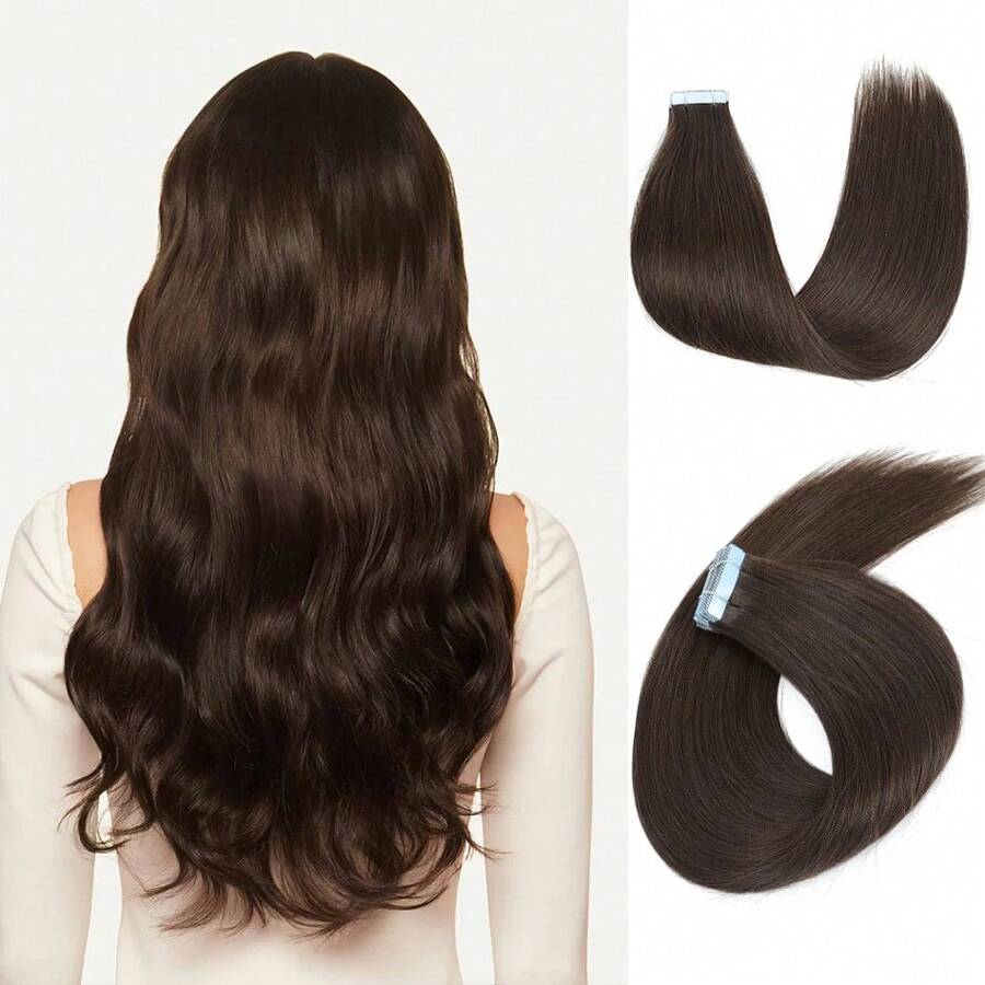 20pcs Straight Thick Tape In  Remy Human Hair Extension For Salon  Dark Brown Color 2# 16-26 Inches Silk Straight Double Side Seamless Skin Weft Hair Extension ,Feel - Easy To Apply And Reuse, High Quality Natural Style Tape In Hair  Extentions - S2 - 查看 1