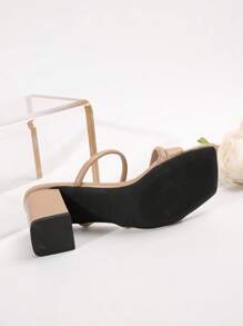 法式高跟凉鞋，白色简约方头设计女士新款夏秋季优雅人造皮革粗跟凉鞋，适合外出、约会、派对、聚会、通勤、商务 - 杏色 - 查看 8