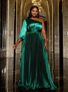 Faeriesty Plus One Shoulder Bell Sleeve Pleated Party Dress, Elegant Long Sleeve Formal Evening Prom Gown, For Wedding Guest, Graduation, Dinner