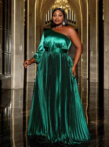 Faeriesty Plus One Shoulder Bell Sleeve Pleated Party Dress, Elegant Long Sleeve Formal Evening Prom Gown, For Wedding Guest, Graduation, Dinner