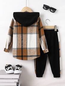 2 peças/conjunto de jaqueta xadrez casual com capuz para meninos + calças, outono (camiseta não incluída) - Multicolorido - Ver 2