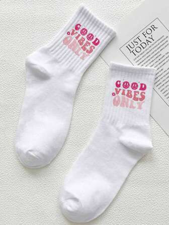 Women's Letter Printed Mid-Calf Socks, Suitable For Daily Wear, Fall