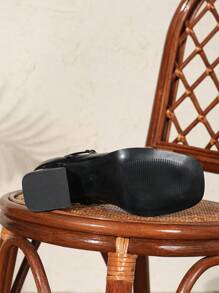 Women's High Heel Pumps, Low Vamp Shoes, Fashion Versatile Mary Jane Shoes, French Style Leather Shoes, Square Toe Chunky Heel Retro French Style Pumps - Black - View 6