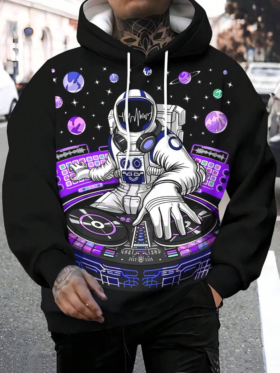 Astronaut Graphic Print Men's Casual Hooded Sweatshirt, Street Style Kangaroo Pocket Hoodie With Outdoor Sports Design, Suitable For Autumn & Spring