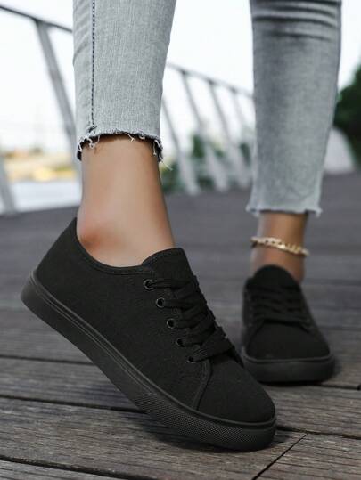 Women's Canvas Sneakers, Flat Casual Shoes, Solid Color Athleisure Trainers, Flat Lace-Up Sports Shoes, Outdoor Leisure Slip-On, Breathable Fashion Casual Shoes, Available In Black, Yellow, Red, White, Orange-Red