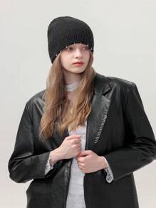 1pc Ear Protection Casual Unique Solid Color Beanie Hat, Acrylic Yarn Ball Embellished Knit Hat With Metallic Thread, For Autumn/Winter Street, Party Wear